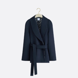 Belted Cropped Double-Breasted Peacoat Navy Blue Double-Faced Virgin Wool and Silk
