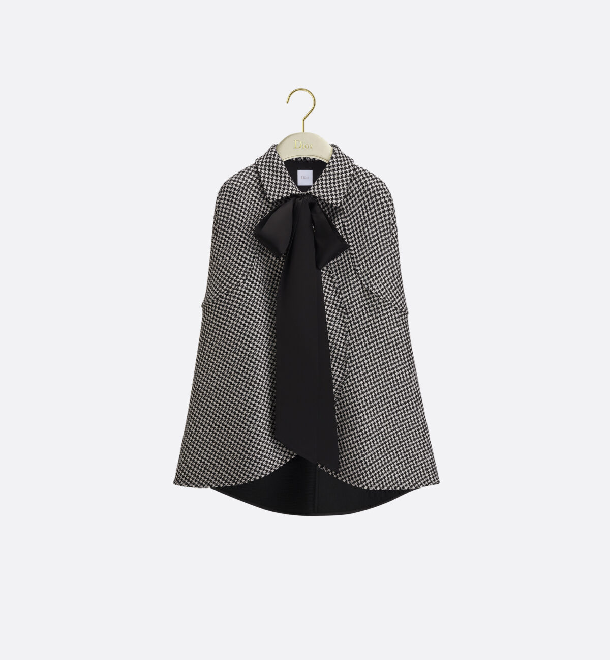 Cape with Tied Neckline Black and White Houndstooth Silk-Virgin-Wool Blend