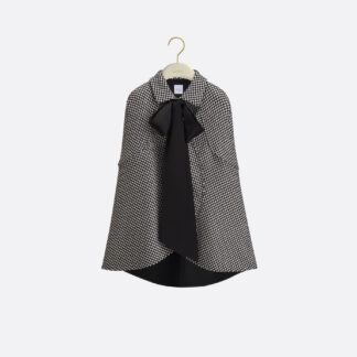 Cape with Tied Neckline Black and White Houndstooth Silk-Virgin-Wool Blend
