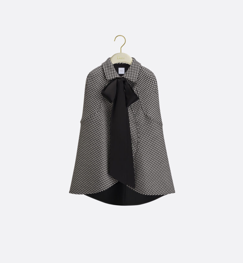 Cape with Tied Neckline Black and White Houndstooth Silk-Virgin-Wool Blend