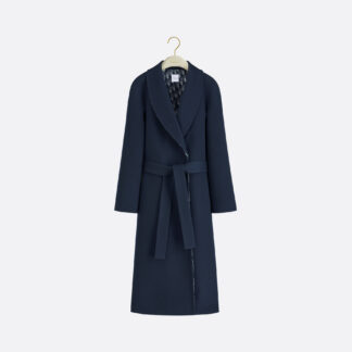 Coat with Belt Navy Blue Double-Faced Virgin Wool and Silk