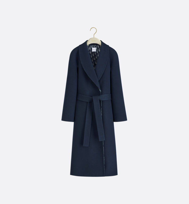 Coat with Belt Navy Blue Double-Faced Virgin Wool and Silk
