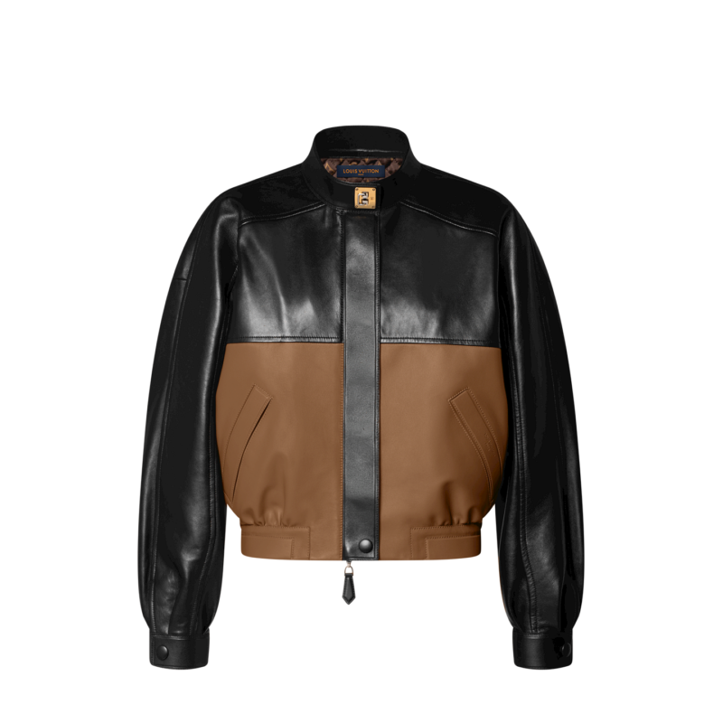 Color Blocked Leather Bomber Jacket