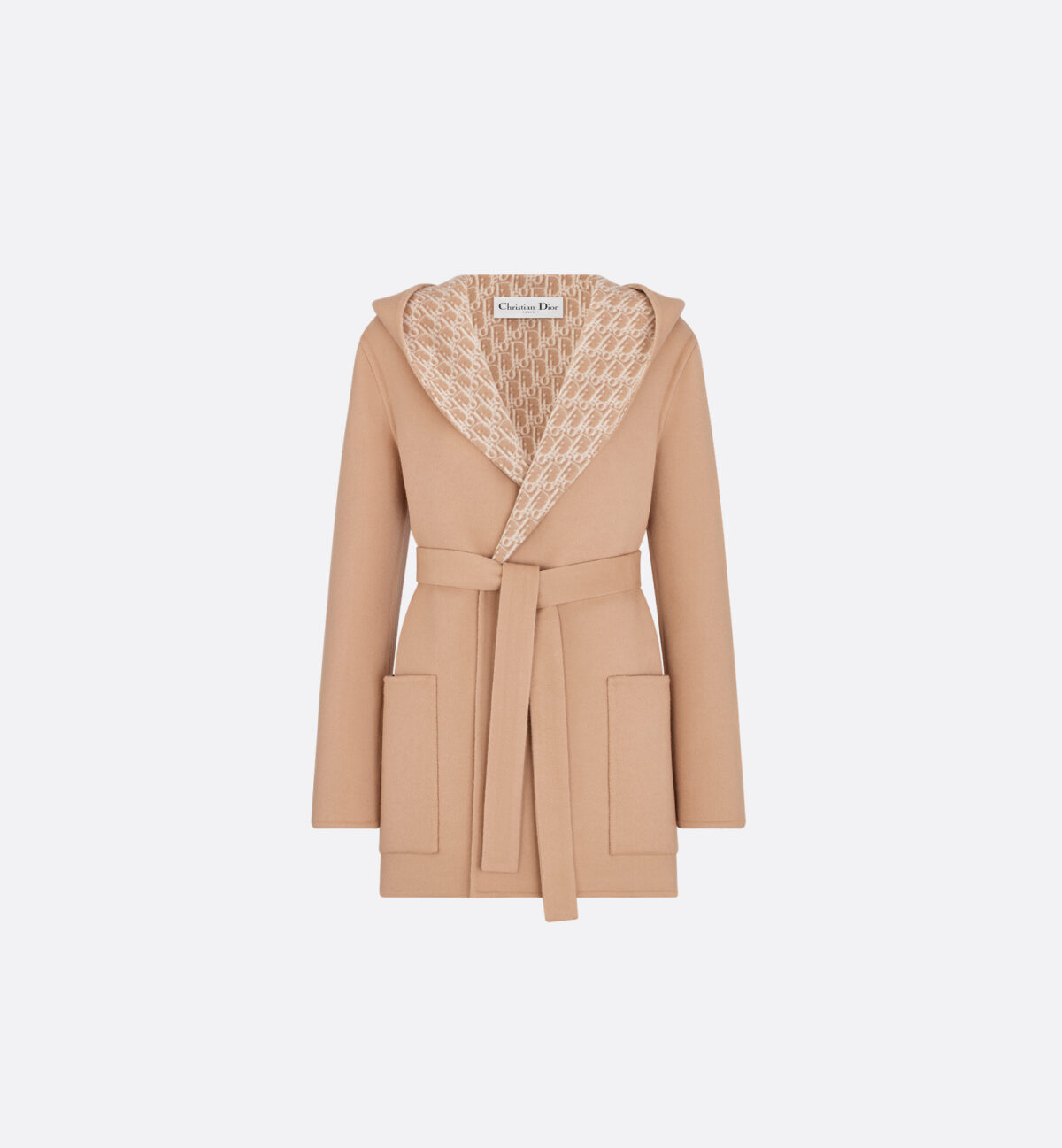 Cropped Coat with Hood and Belt Beige Double-Sided Virgin Wool and Silk