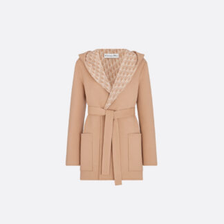 Cropped Coat with Hood and Belt Beige Double-Sided Virgin Wool and Silk
