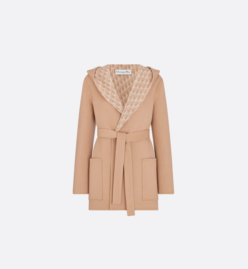 Cropped Coat with Hood and Belt Beige Double-Sided Virgin Wool and Silk