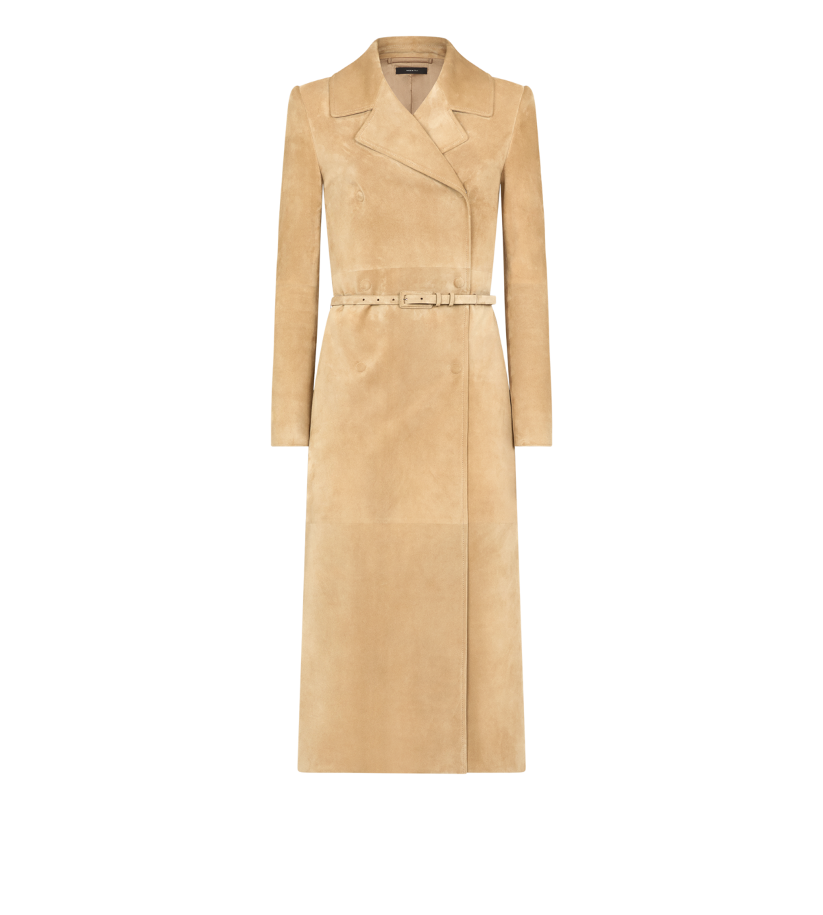 Double Breasted Suede Trench Coat With Self Belt