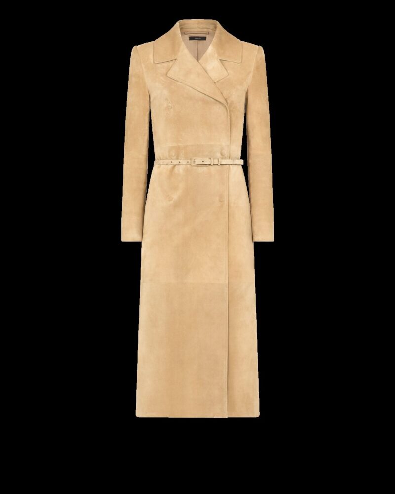 Double Breasted Suede Trench Coat With Self Belt