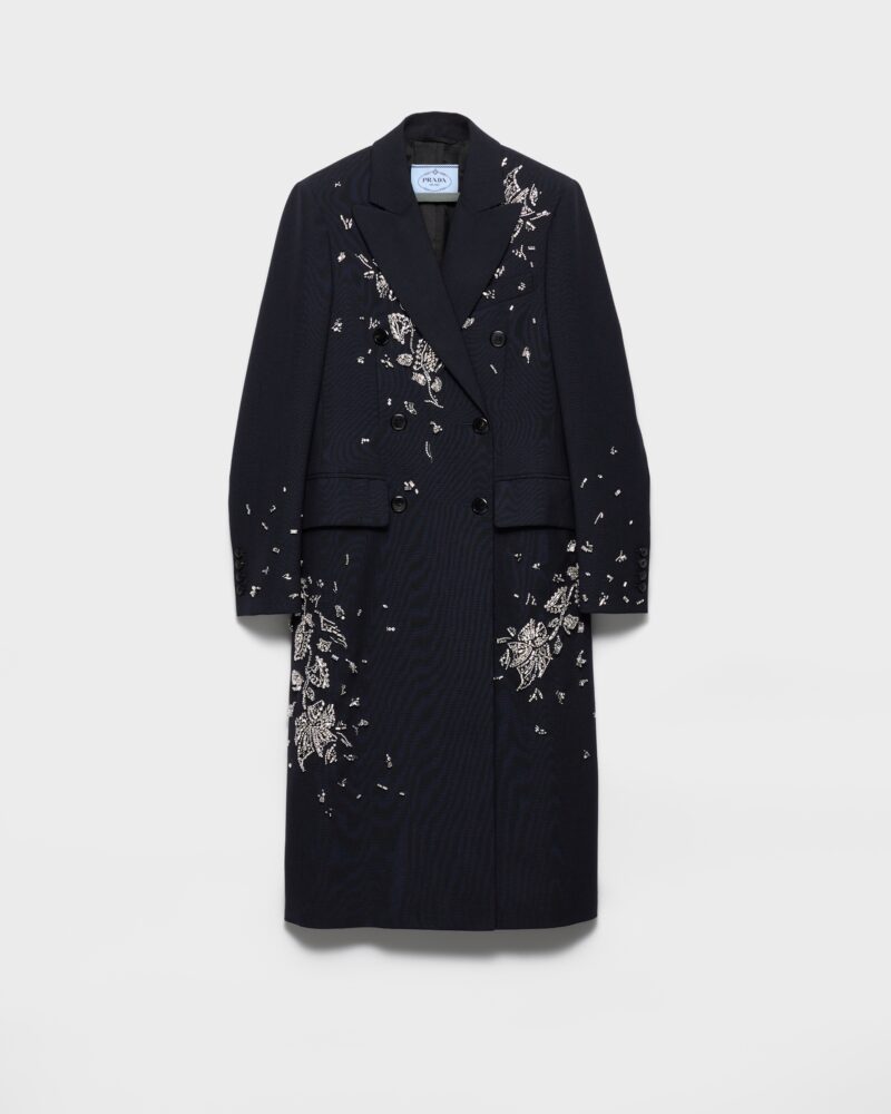 Embroidered Double Breasted Rush Stitch Wool Coat 