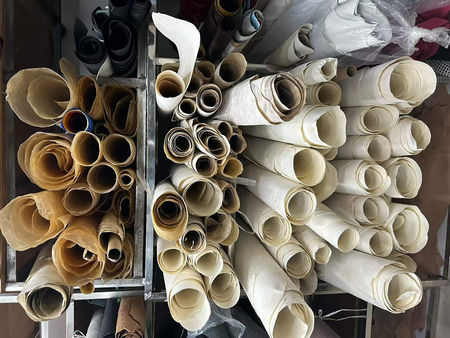 Rolled hides stored by finish and color.