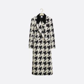 Long Fitted Coat Black and White Houndstooth Virgin Wool Blend