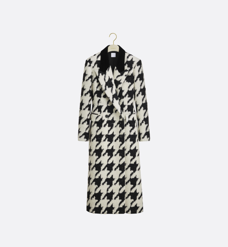 Long Fitted Coat Black and White Houndstooth Virgin Wool Blend