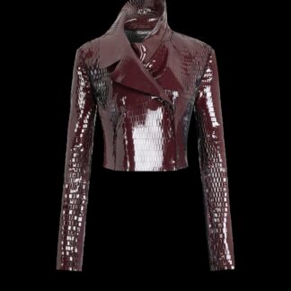 Perforated Patent Calf Leather Double Breasted Jacket