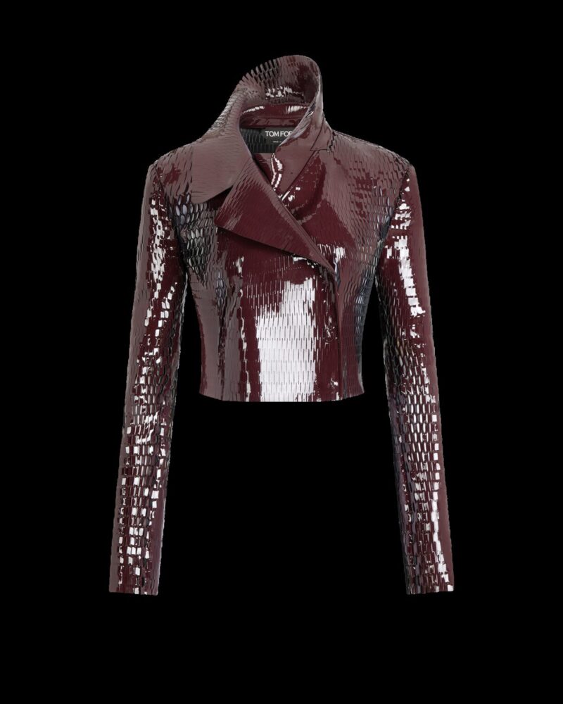 Perforated Patent Calf Leather Double Breasted Jacket