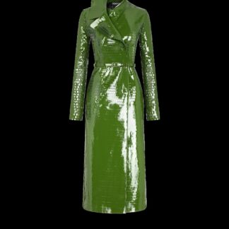 Perforated Patent Calf Leather Double Breasted Trench Coat With Self Belt