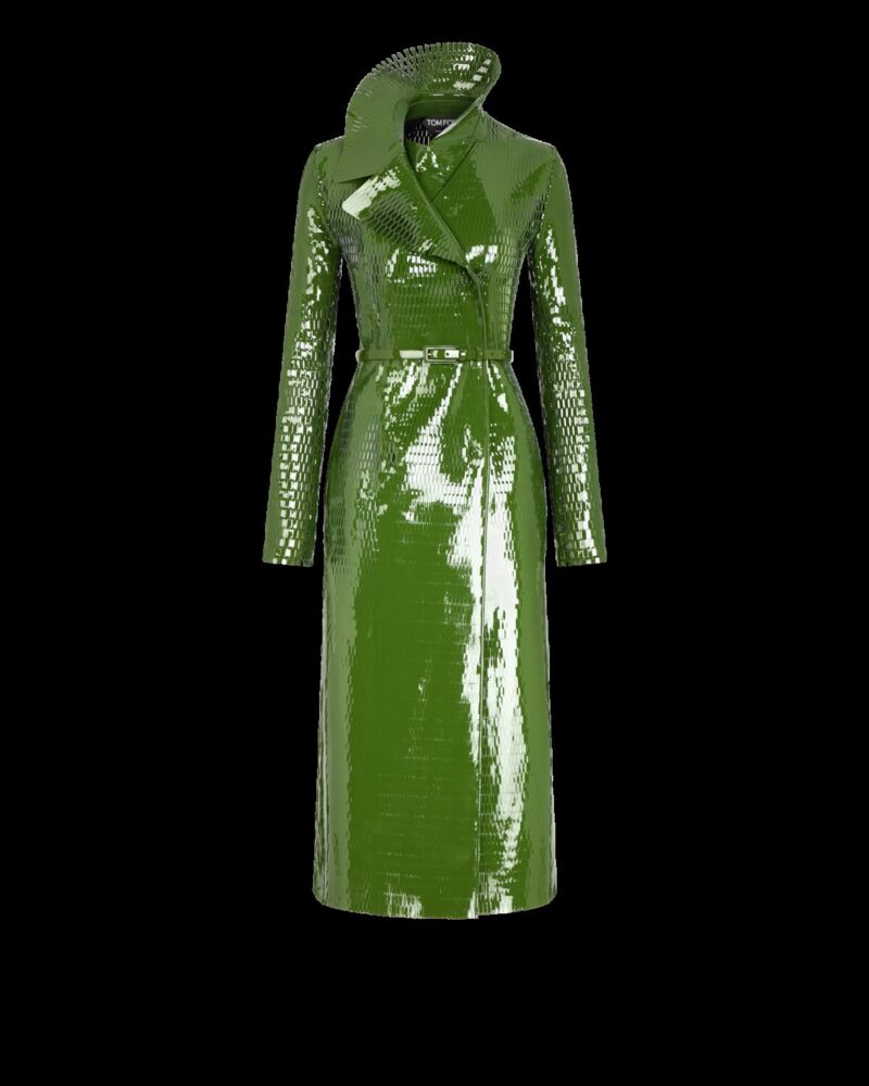 Perforated Patent Calf Leather Double Breasted Trench Coat With Self Belt