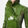Perforated Patent Calf Leather Double Breasted Trench Coat With Self Belt