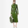 Perforated Patent Calf Leather Double Breasted Trench Coat With Self Belt