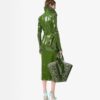 Perforated Patent Calf Leather Double Breasted Trench Coat With Self Belt