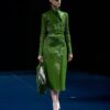 Perforated Patent Calf Leather Double Breasted Trench Coat With Self Belt