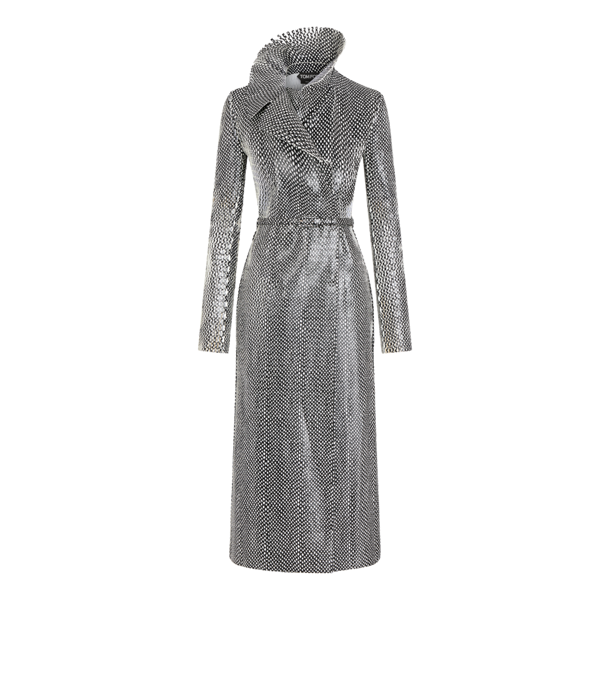 Printed Perforated Calf Leather Double Breasted Trench Coat With Self Belt