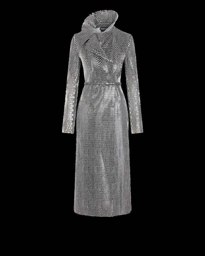 Printed Perforated Calf Leather Double Breasted Trench Coat With Self Belt