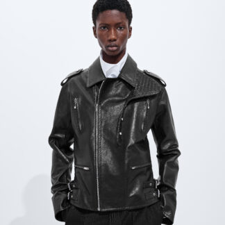 Rubbery Leather Biker Jacket Double Black