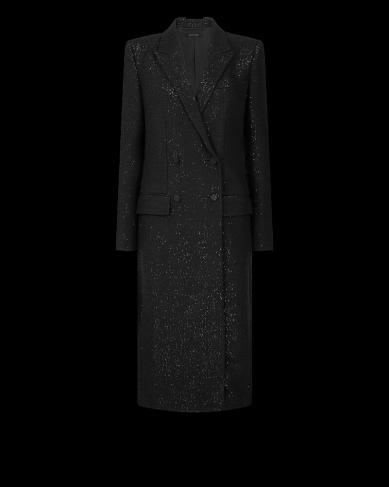 Sequined Wool Blend Crepe Double Breasted Coat