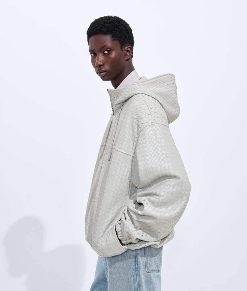 Small Intrecciato Leather Blouson Pearl Gray