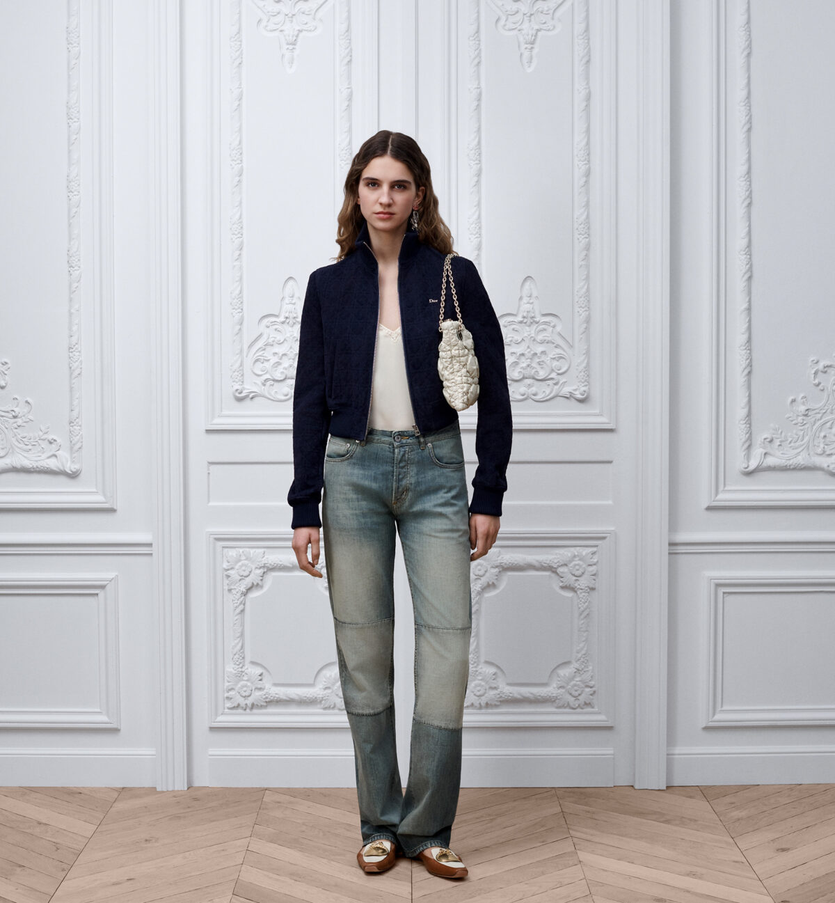 Zipped Cropped Macrocannage Jacket Navy Blue Suede Lambskin