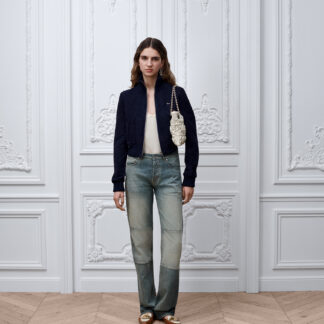 Zipped Cropped Macrocannage Jacket Navy Blue Suede Lambskin