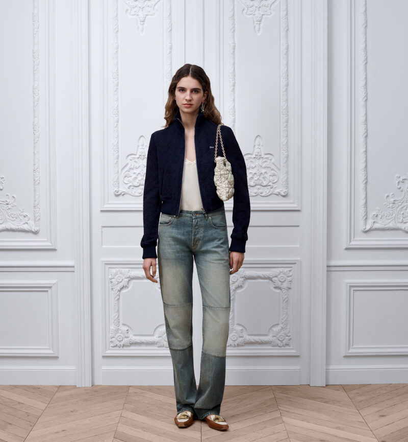 Zipped Cropped Macrocannage Jacket Navy Blue Suede Lambskin