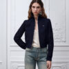 Zipped Cropped Macrocannage Jacket Navy Blue Suede Lambskin