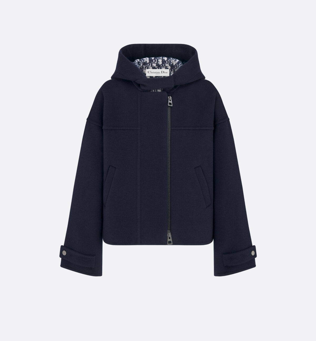 Zipped Peacoat with Hood Navy Blue Double-Sided Virgin Wool and Silk