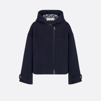 Zipped Peacoat with Hood Navy Blue Double-Sided Virgin Wool and Silk