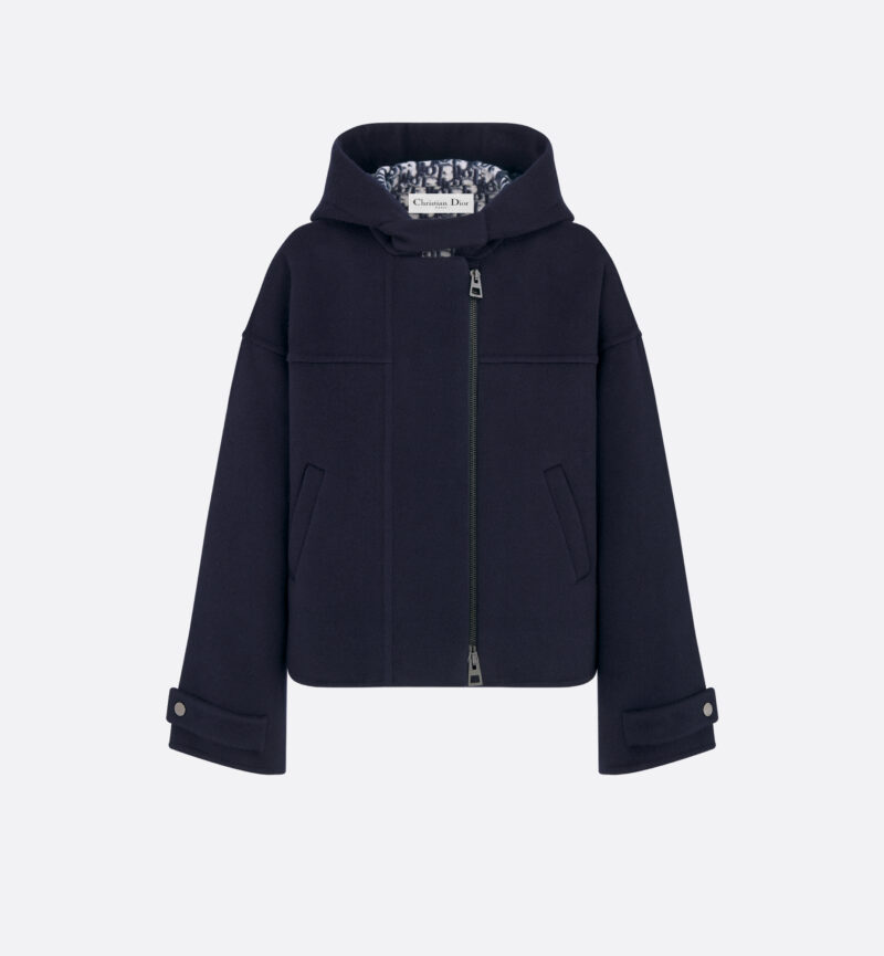 Zipped Peacoat with Hood Navy Blue Double-Sided Virgin Wool and Silk